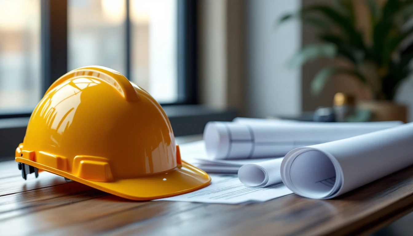 A construction hard hat resting on a stack of contract documents and architectural blueprints