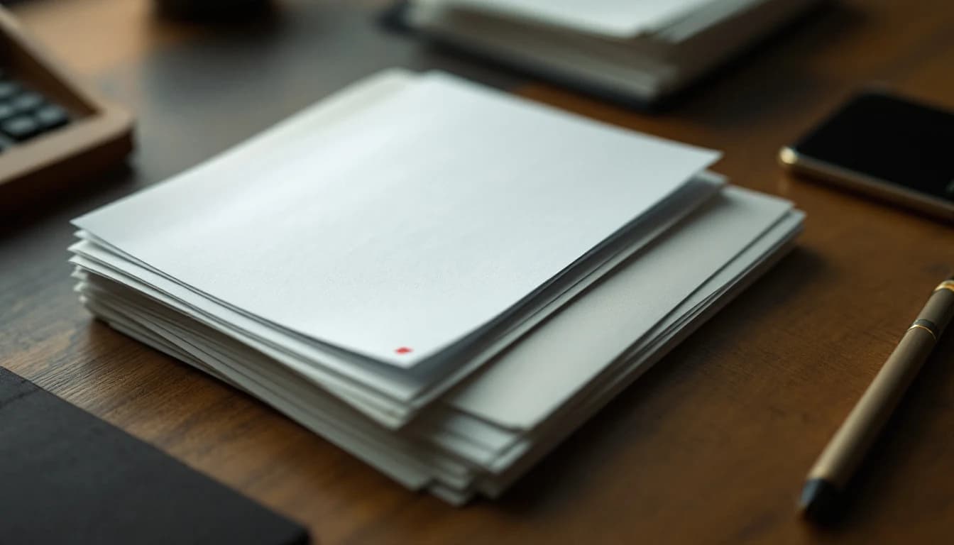 Neat stacks of paper tender forms on a desk, one document set apart marked by a faint red stamp
